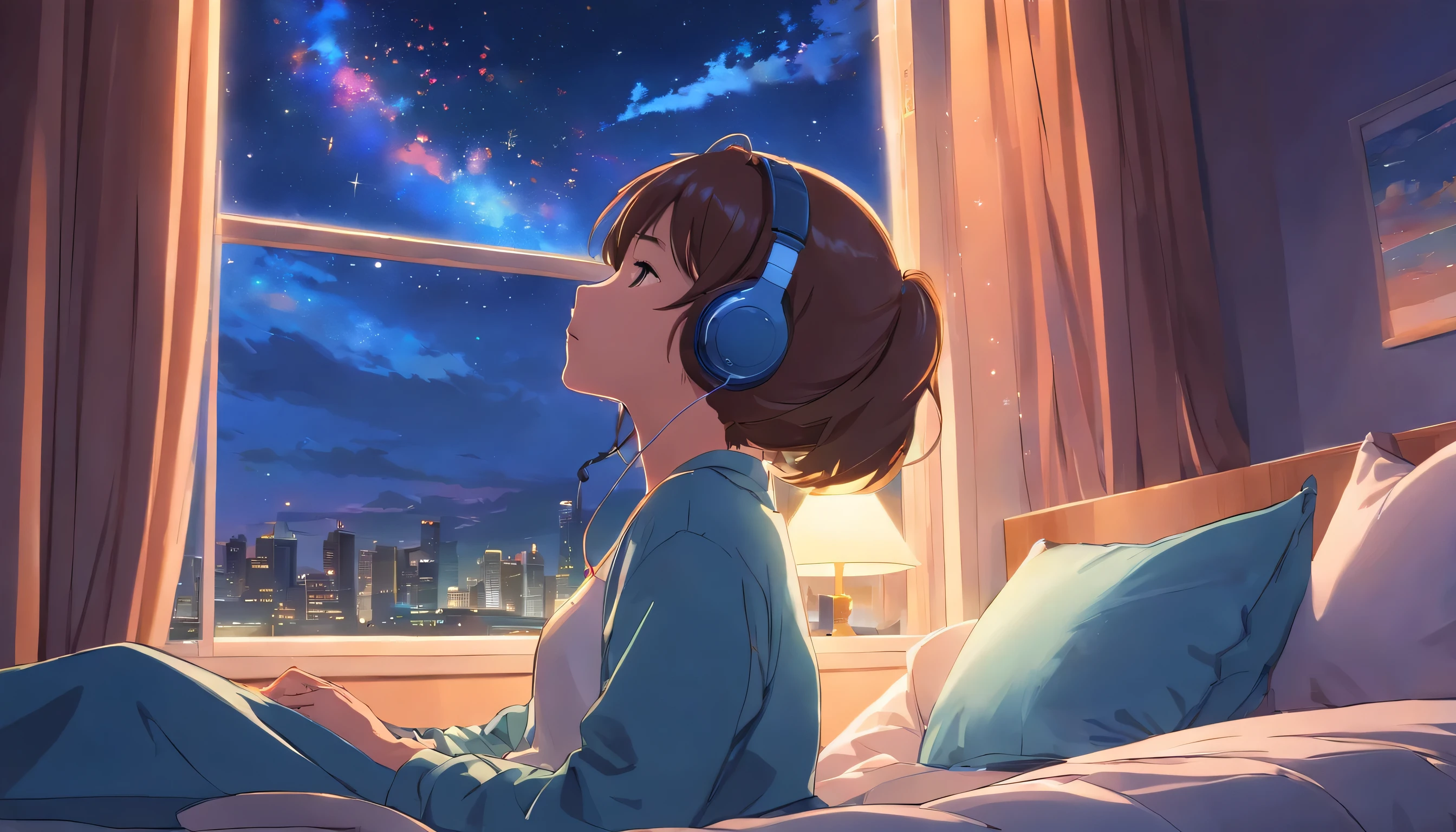a girl hearing music with headphone in bed window side night many star in sky