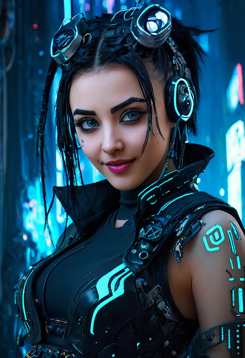 1girl, ((cyberpunk)), (Luna), Woman's face with peculiar style is more expressive and captivating, She has big, bright eyes, full of vivacity and curiosity, Her eyebrows are arched and expressive, adding a touch of mystery to her face, She has a lively and fun expression, with a playful smile that suggests an outgoing and sociable personality, ((character cyberpunk)),Brown hair,