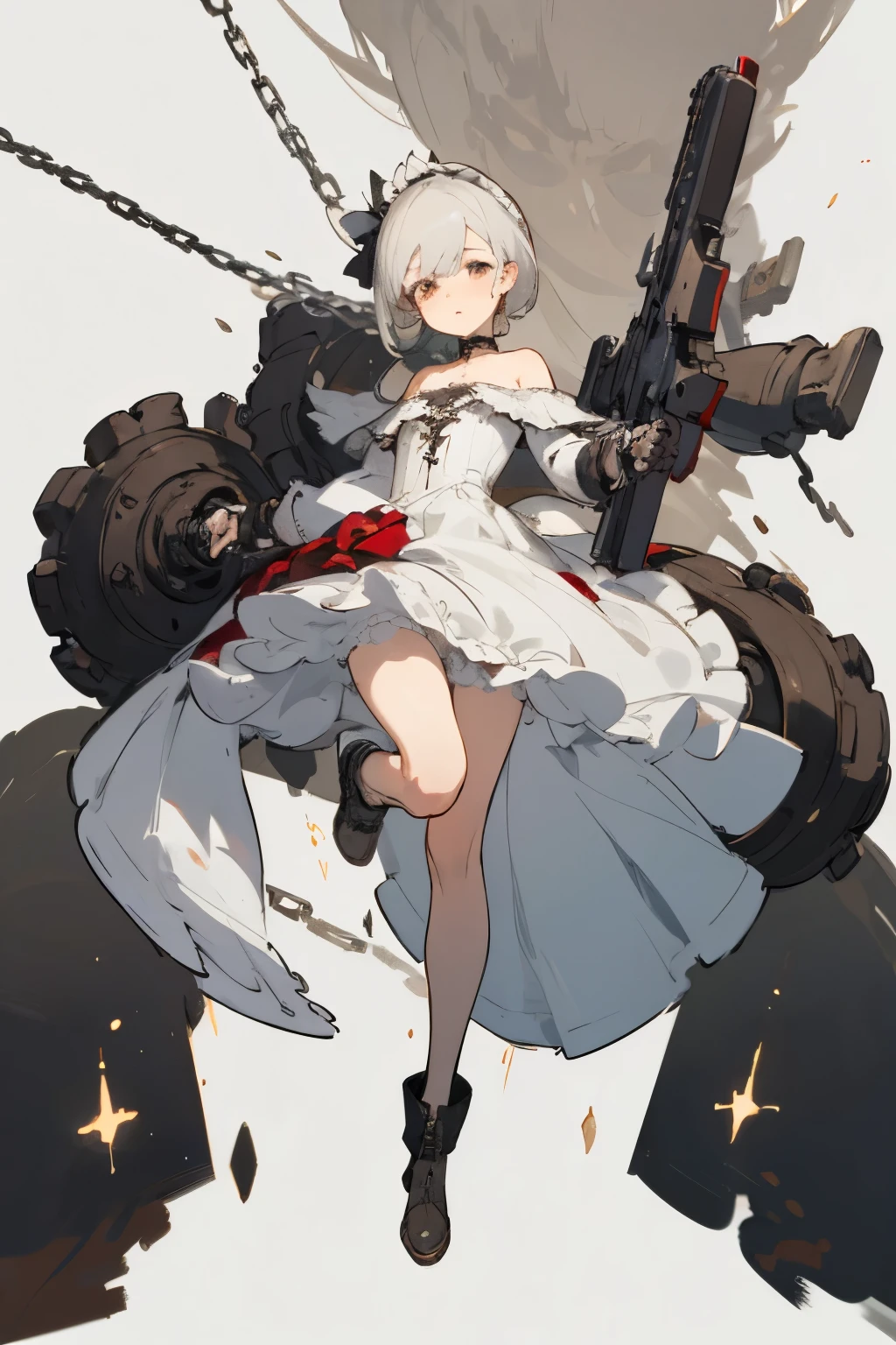 ((best quality)), ((masterpiece)), (detailed), 1girl, off-shoulder, blank white background, plain background, white background, red and white clothing, Bloodborne inspired, occult aesthetic, occult, detailed and intricate steampunk and detailed gothic, NSFW, Very dramatic and cinematic lighting, cosmic horror, grim-dark, side-lighting, perfect face, NSFW, Fluttering lace flared long knee length dress with frilly petticoats, knee length dress, pleated petticoats, lolita dress, petticoats gothic lolita, complex lace boots, side-lighting, gothic lolita aesthetic, wielding a mighty sword with mechanical components, carbine, NSFW, beautiful small breasts, small breasts, full body, whole body, body, plain background, white background, blank background, no background, white background NSFW, chains, full body, whole body, head-to-toe NSFW