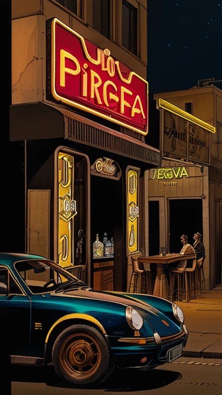 Uma Cidade iluminada e cheia de placas de propagandas , vemos um bar com algumas pessoas em frente a entrada dele, ((na fachada do bar tem uma caneca de cerveja feita com neon )), some luxury cars and Porsche are parked near the bar