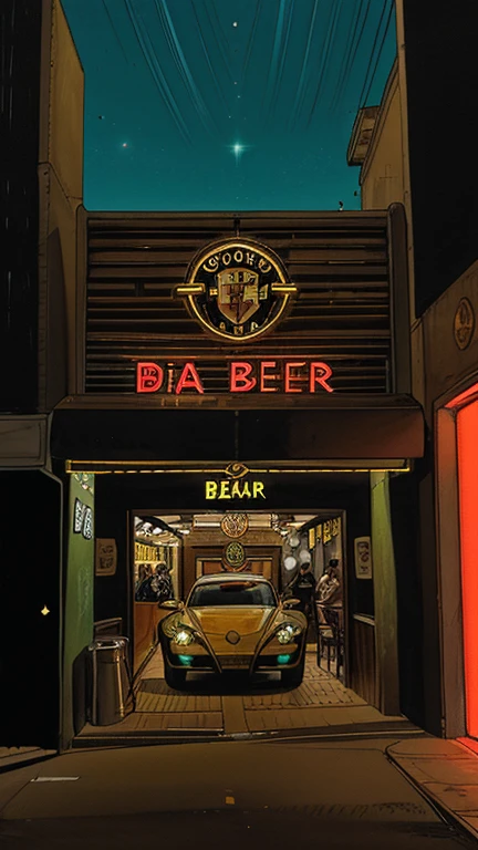 Uma Cidade iluminada e cheia de placas de propagandas , vemos um bar com algumas pessoas em frente a entrada dele, ((na fachada do bar tem uma caneca de cerveja feita com neon )), some luxury cars and Porsche are parked near the bar