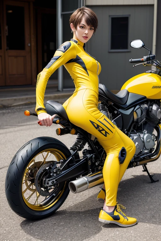 ((highest quality)), ((masterpiece)), (detailed motorcycle), ((perfect beautiful face))、slender body、realistic skin texture、((full body shot))、long legs、((yellow biker suit and pants))、((Beautiful woman riding a motorcycle))、short hair、Nohel