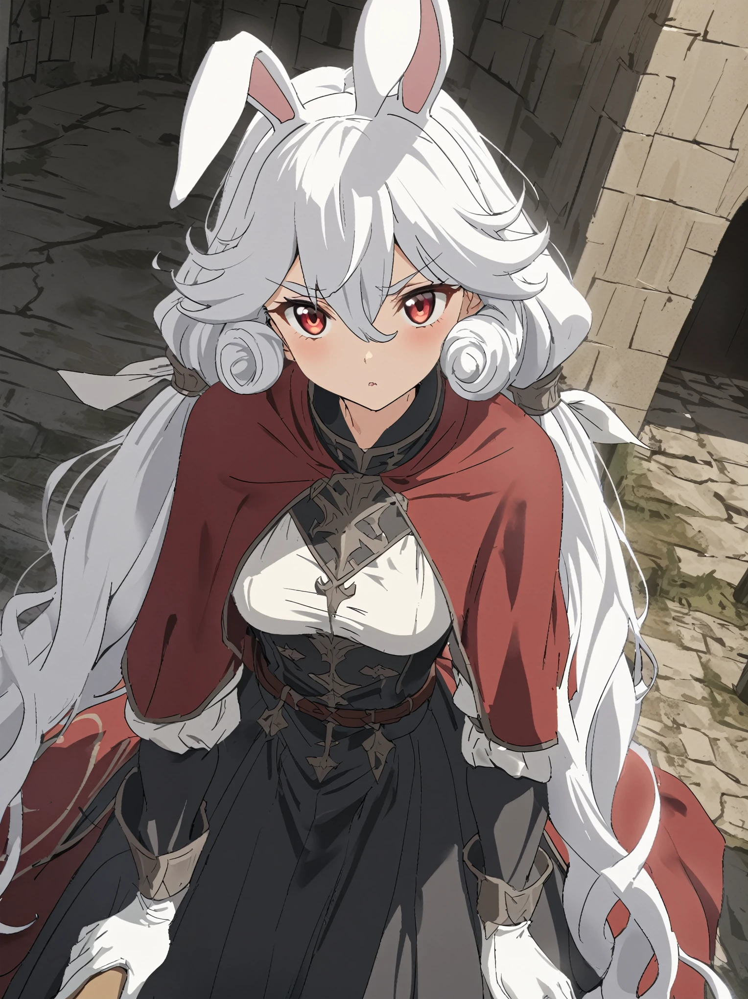 {{upper body, dutch angle}} {{Artist: sincos}} 1girl, curly hair, thick eyelases, white hair, bright red eyes, medium breasts, very long hair, covered ears, expresionless, puffy sleeves, long sleeves, red capelet, hair between eyes, white rabbit ears, intrincate detail, low twintails, white iris, black long skirt, thick eyebrows, black military uniform, white gloves, , , pov, medieval fantasy.