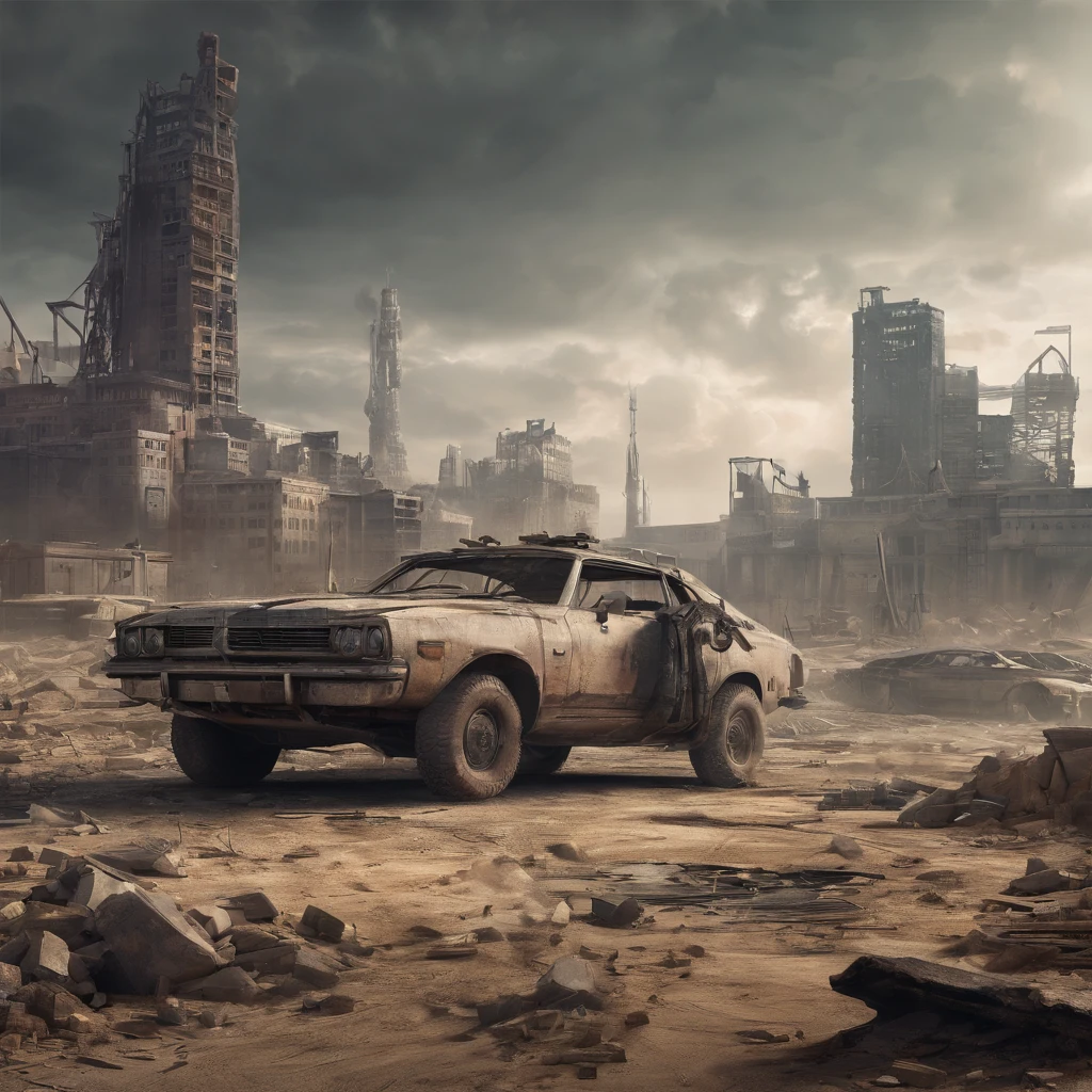 detailed post-apocalyptic landscape, alien invasion, ruined city, crumbling buildings, debris, abandoned cars, fires, chaos, destruction, dark mood, gritty, cinematic, (best quality,8k,highres,masterpiece:1.2),ultra-detailed,(realistic,photorealistic,photo-realistic:1.37),cinematic lighting, dramatic shadows, muted color palette, moody atmosphere, (madmax:0.8)