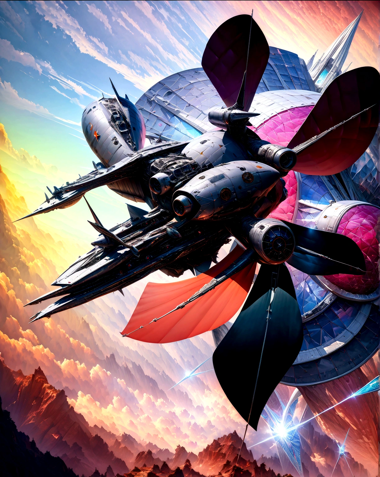 futuristic aircraft metallic highly stylized, spaceship with 4 sails, gray color with purple details, Ultra detailed, Hyper realistic, 4k, Ultra detailed image, realistic, Highly detailed, perfect composition, beautiful intricately detailed incredibly detailed, 8K fine art photography, hyper detailed, Masterpiece, 
