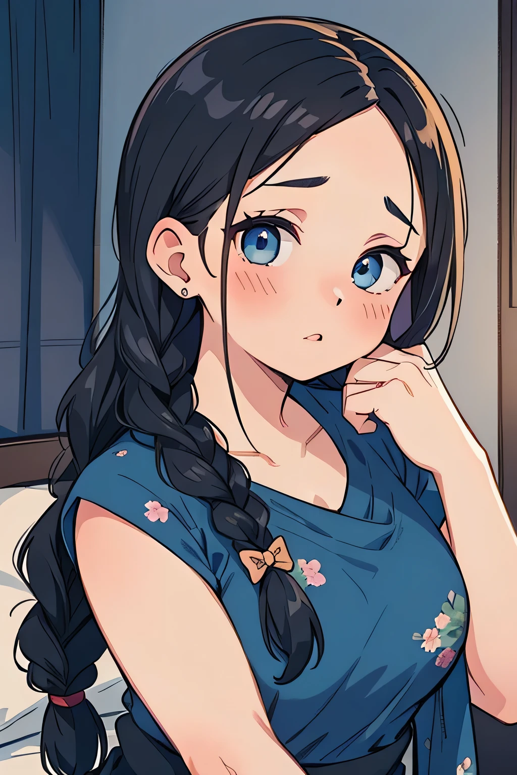 Amazing portrait of a sexy woman with her black hair tied in a braid and a beautiful fair toned face with amazing eyes and her perfect lips parted with blush on her cheeks with a flustered yet lustful expression on her face wearing a black blouse paired with a sheer floral blue saree in a bedroom at night time