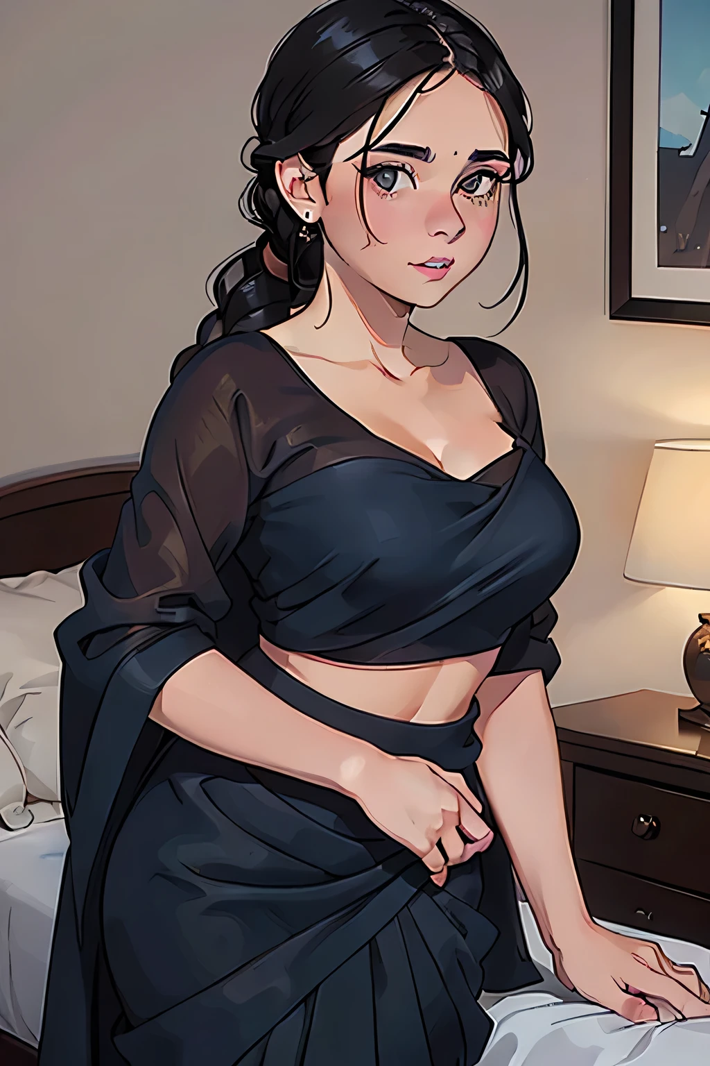 Amazing portrait of a sexy woman with her black hair tied in a braid and a beautiful fair toned face with amazing eyes and her perfect lips parted with blush on her cheeks with a flustered yet lustful expression on her face wearing a black blouse paired with a sheer floral blue saree in a bedroom at night time