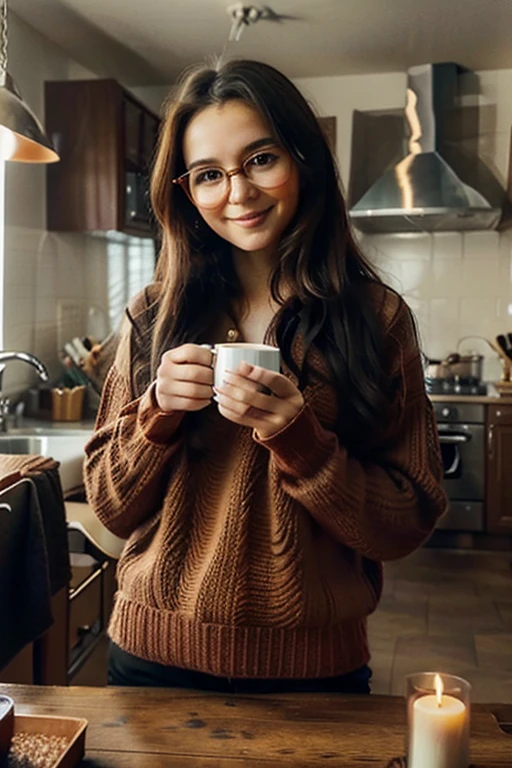 a woman. Round face. small nose. black, wavy hair, long hair without bangs. dark brown eyes. Red square glasses. Golden gift in the pentagon. With a very happy smile, black pants, red knitted blouse. loose. With a kitchen in the background, where she produces her candles. With CANDLES around him, several, stacks of candle jars, arranging the box to put in the mail. Drinking coffee from a cup
