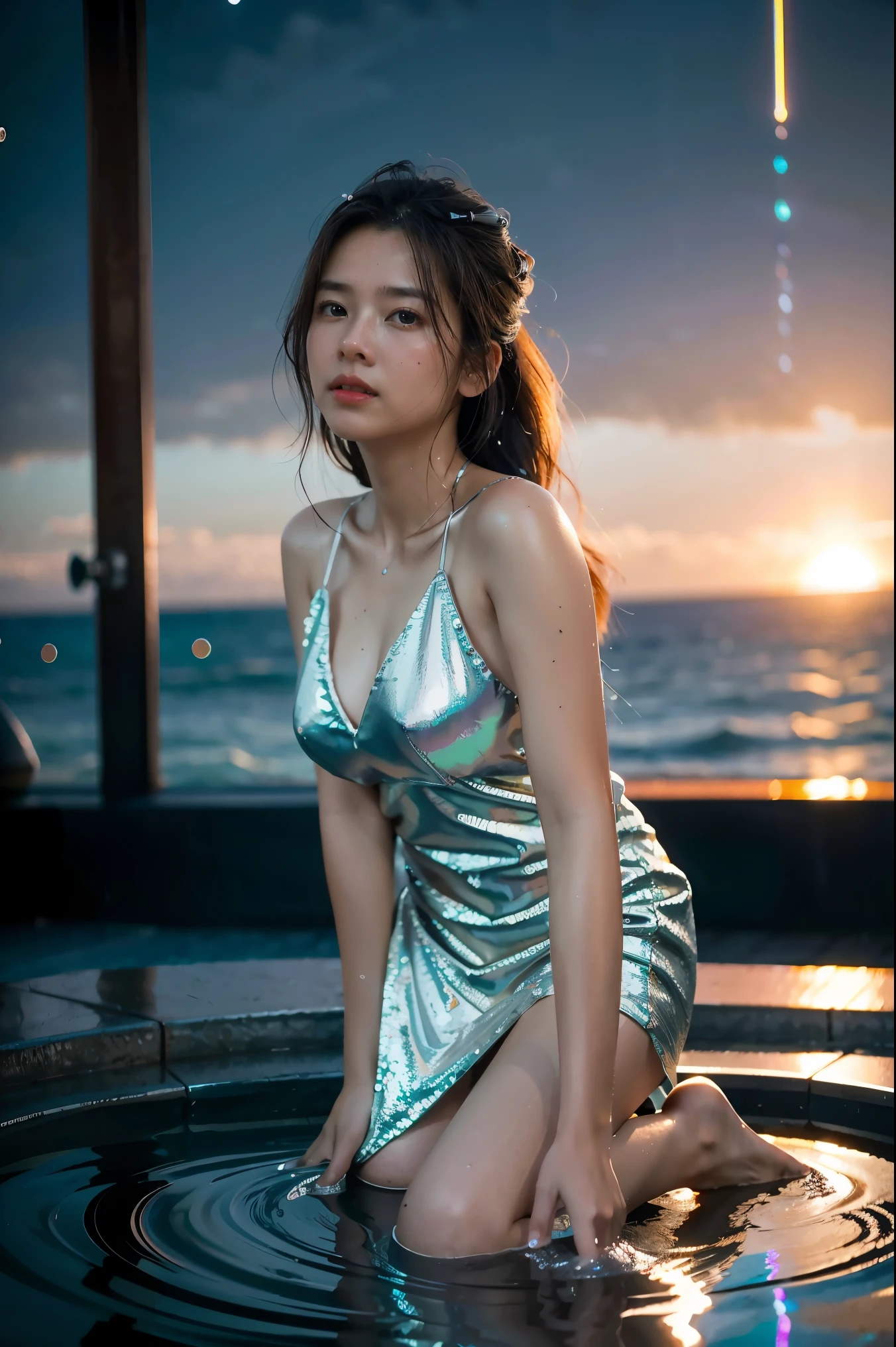 best quality, masterpiece, realistic, 1girl,  metallic dress, messy [updo|hanging] hair, (full body:0.6), solo, (full body:0.6), looking down, detailed background, detailed face, Sc3pt4, sci-fi theme:1.1), mercury-wizard, melancholic, surrounded by waves of iridescent silver, alchemical imagery, reflections, silver-colored fluid, metallic sheen, shiny, dynamic pose, fluid movement, floating particles, droplets of mercury, flowing metal, blending mercury, a foreign planet in the background, dripping mercury formations, volumetric lighting, cinematic atmosphere, sharp details, high detail skin, realistic skin texture, 