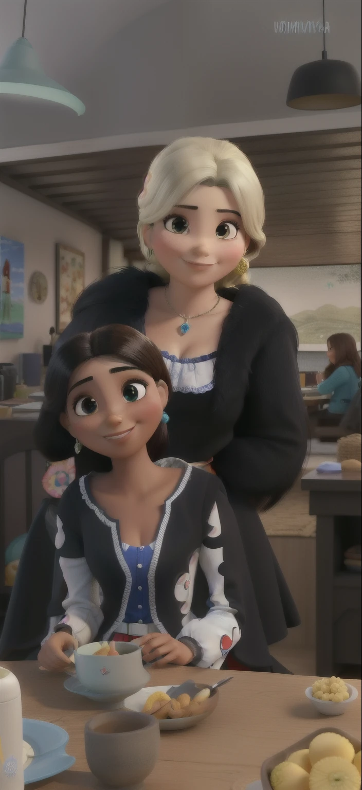 Obra de arte, melhor qualidade, no estilo pixar, duas mulheres velhas, uma preta de cabelo curto vermelho e outra loira, felizes e sorrindo