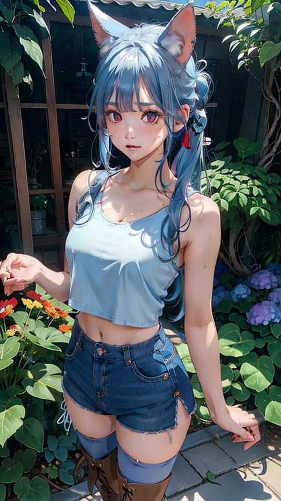 light_blue_hair,1_girl,red_eyes,cute_face,good_anatomy,best_quality,beautiful,rabit_ear,rabit_tail,tanktop,short_hotpants,Navel_exposed,brown_boots,perfect_quality,beautiful,flower garden,beautiful,best quality,hrs,