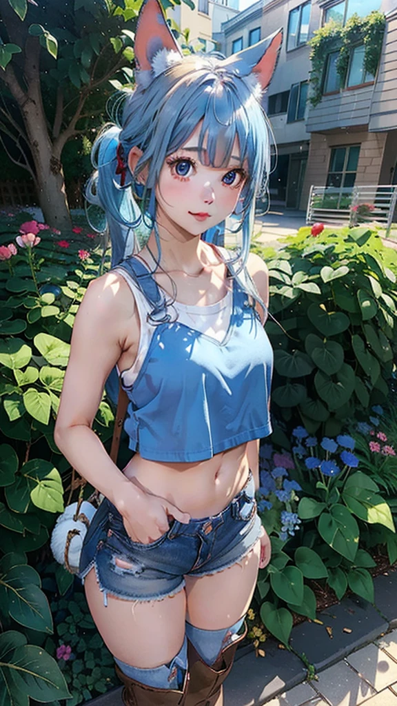 light_blue_hair,1_girl,red_eyes,cute_face,good_anatomy,best_quality,beautiful,rabit_ear,rabit_tail,tanktop,short_hotpants,Navel_exposed,brown_boots,perfect_quality,beautiful,flower garden,beautiful,best quality,hrs,