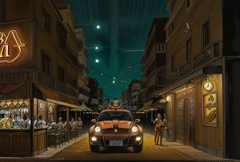 Uma Cidade iluminada e cheia de placas de propagandas , (((vemos um bar com algumas pessoas em frente a entrada dele))), ((na fachada do bar tem uma caneca de cerveja feita com neon )), some luxury cars and Porsche are parked near the bar