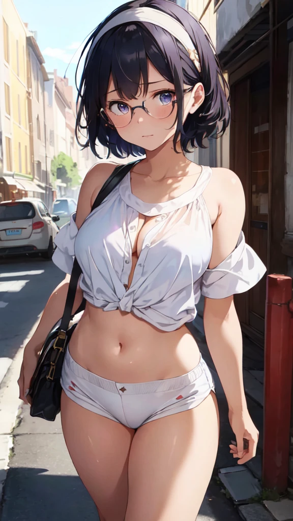 ((Masterpiece, Best Quality, High resolution, Ultra-detailed))),
1 girl, short dark blue hair, a white headband adorned with delicate patterns, medium breasts that softly sway with her movements, big hips that curve gracefully, beautiful legs that gleam under the street lights,
She wears an unbuttoned mini-shorts, revealing just a hint of her bright white underwear, and a damp white short shirt that's slightly open, giving a peek of a bare shoulder. Dark glasses conceal her shy eyes, adding an enigmatic allure.
Despite her timid demeanor, she walks down the street with a quiet confidence, her stride rhythmic and assured