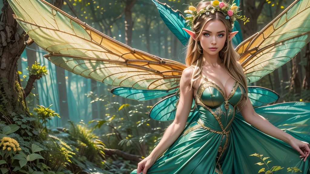 Beautiful faerie woman, elf ear, flying, hovering, floating, centered holographic dragonfly wings, balanced wings, glowing blue eyes, detailed realistic eyes, detailed proportional hand, manicured hands, detailed fingers, proportional fingers, proportional legs, proportional arms, proportional body, firm breast, silk tutu, oak tree forest, frank Frazzetta painting style, (Best Quality:1.4), (Ultra-detailed), (extremely detailed CG unified 8k wallpaper), Highly detailed, RAW Photos, Professional Photography, plein air, Illumination, (Super fancy photos:1.4), (Dazzling light), Radiant Photography, depth of fields,