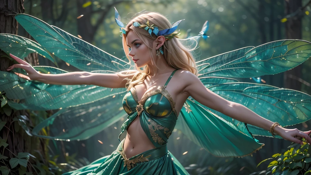 Beautiful faerie woman, elf ear, flying, hovering, floating, centered holographic dragonfly wings, balanced wings, glowing blue eyes, detailed realistic eyes, detailed proportional hand, manicured hands, detailed fingers, proportional fingers, proportional legs, proportional arms, proportional body, firm breast, silk tutu, oak tree forest, frank Frazzetta painting style, (Best Quality:1.4), (Ultra-detailed), (extremely detailed CG unified 8k wallpaper), Highly detailed, RAW Photos, Professional Photography, plein air, Illumination, (Super fancy photos:1.4), (Dazzling light), Radiant Photography, depth of fields,