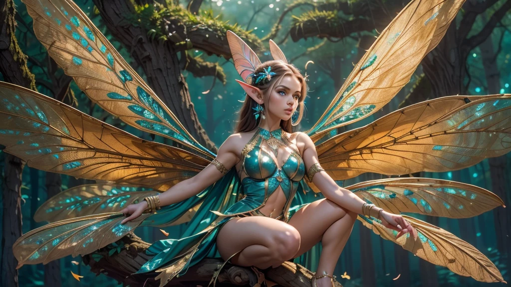 Beautiful faerie woman, elf ear, flying, hovering, floating, centered holographic dragonfly wings, balanced wings, glowing blue eyes, detailed realistic eyes, detailed proportional hand, manicured hands, detailed fingers, proportional fingers, proportional legs, proportional arms, proportional body, firm breast, silk tutu, oak tree forest, frank Frazzetta painting style, (Best Quality:1.4), (Ultra-detailed), (extremely detailed CG unified 8k wallpaper), Highly detailed, RAW Photos, Professional Photography, plein air, Illumination, (Super fancy photos:1.4), (Dazzling light), Radiant Photography, depth of fields,