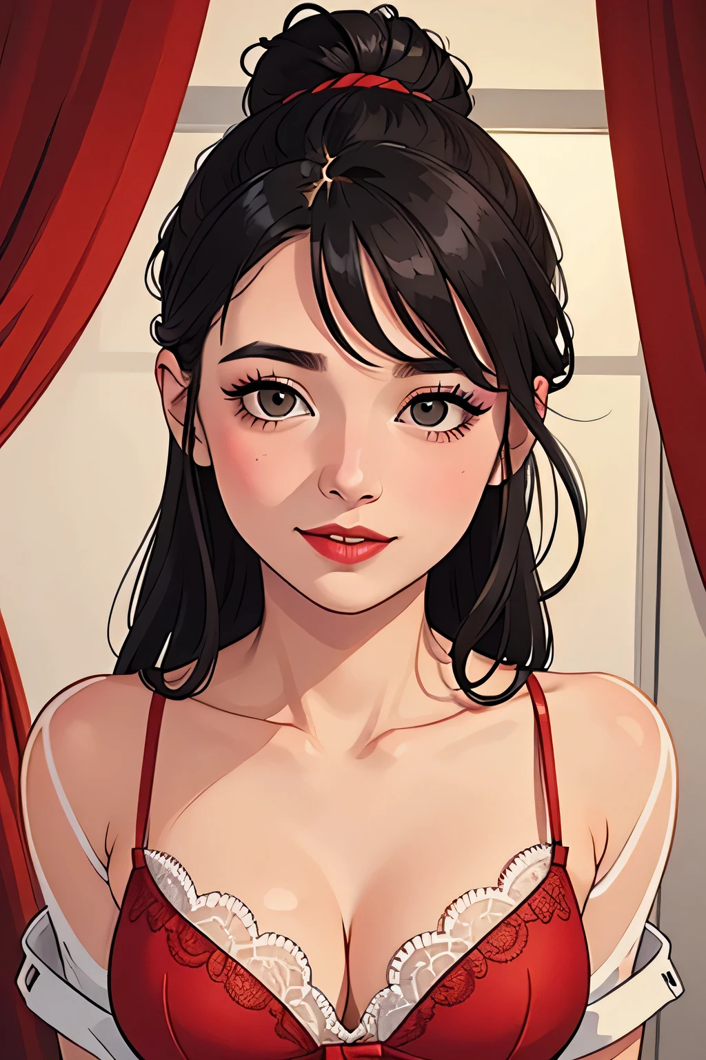 Amazing portrait of a sexy woman with a beautiful face emphasised by some amazing makeup with her black hair in a neat bun gazing at us seductively and smiling with her glossy red lips parted seductively wearing a sheer white shirt that reveals the red lacy lingerie that she's wearing underneath the shirt in a dimly lit room with one lamp giving off warm lighting