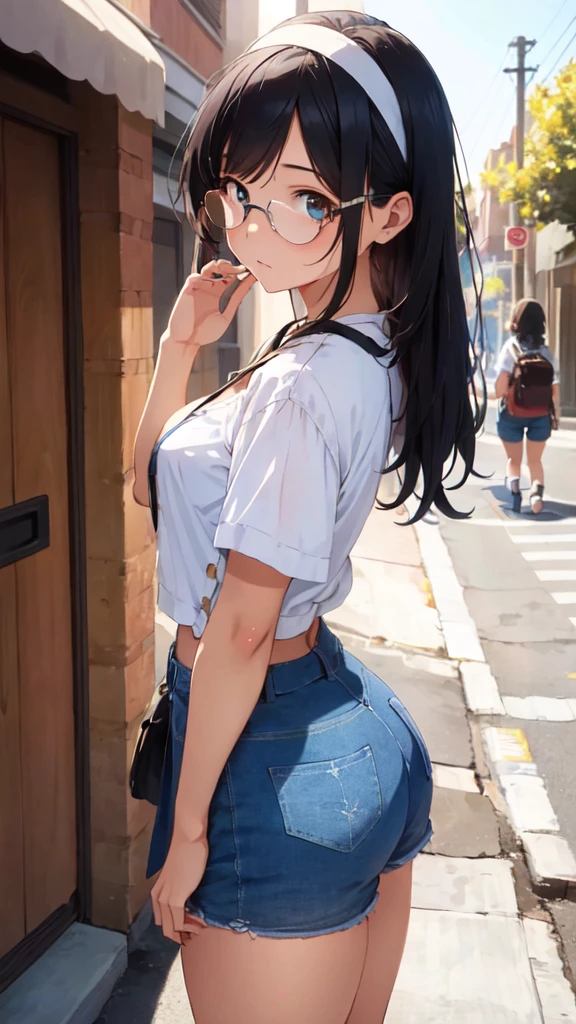 ((Masterpiece, Best Quality, High resolution))), From a side perspective, 1 girl appears, her short dark blue hair visible under a white headband. Her figure, adorned with medium-sized breasts and big hips, boasts beautiful legs that are perfectly detailed. She wears an unbuttoned mini shorts that subtly reveal her underwear, paired with a damp white short shirt slightly unbuttoned at the top. Dark glasses perch on her nose, framing her features. Despite being a shy girl, she walks down the street with a sense of quiet confidence, her presence enchanting and captivating. (Shy girl style: 1.2)