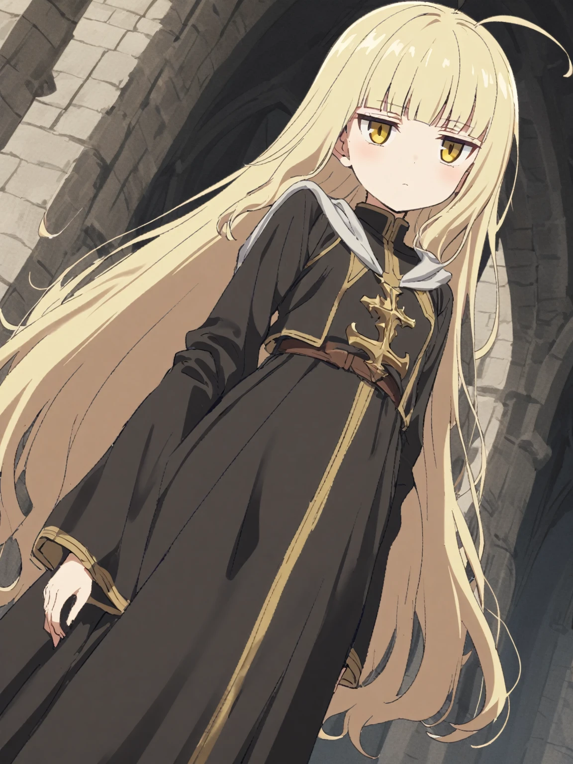 {{upper body, dutch angle}} {{Artist: sincos}} 1girl, jitome, light blond hair, very long hair, ahoge, blunt bangs, yellow eyes, expressionless , black robe, white cape, gold trim, priest, brown leather boots, long sleeves, black long skirt, small breasts, blunt ends, skinny, medieval fantasy.