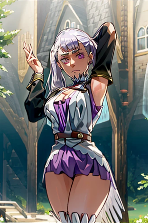1girl, cowboy shot, beautiful noelle_silva,long hair ,twintails, bangs, earring,jewelry, silver hair,purple eyes, mage_dress,white dress, cleavage, capelet,long sleeves, water, large breast ,angry,frown ,outdoor, front light, volumetric lighting, best quality, masterpiece, intricate details, tonemapping, sharp focus, hyper detailed, walking,smelling armpits