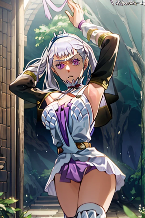 1girl, cowboy shot, beautiful noelle_silva,long hair ,twintails, bangs, earring,jewelry, silver hair,purple eyes, mage_dress,white dress, cleavage, capelet,long sleeves, water, large breast ,angry,frown ,outdoor, front light, volumetric lighting, best quality, masterpiece, intricate details, tonemapping, sharp focus, hyper detailed, walking,smelling armpits