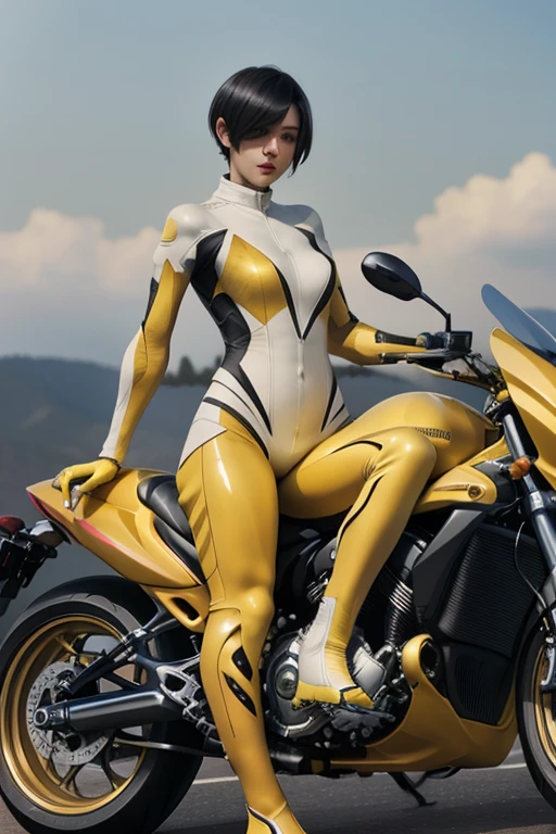 ((highest quality)), ((masterpiece)), (detailed motorcycle), ((perfect beautiful face))、slender body、realistic skin texture、((full body shot))、long legs、((yellow biker suit and pants))、((Beautiful woman riding a motorcycle))、short hair、Nohel