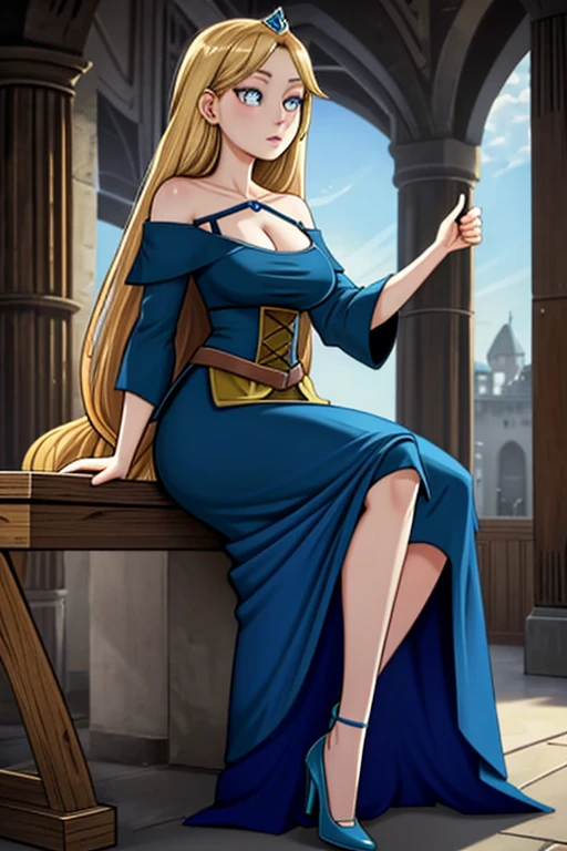 ((Best quality)), ((Masterpiece)), (detailed), 1 girl in, 26 years old, Alone, Middle Ages, Medieval style, Aesthetic art, Sweedish, golden blonde wavy hair, Shoulder length hair, bright blue eyes, some small freckles, pale skin, (Textured skin, skin pores: 1.1), large breasts, buxom chested, tight blue dress, off shoulder, cleavage, diamond tiara, blue heels, high resolution, (ultra-detailed), (best illustration), (best shadow),,
