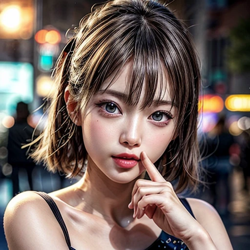 (highest quality,Super detailed,Physically Based Rendering:1.2), (RAW, Realistic, Photorealistic:1.37),Portraiture,Beautiful young woman with Delicate facial features,Soft lighting, ((Playfully licking finger with tongue, Gently placing a finger in the mouth)), (Close-up shot of sensual lips),Cheeks turn slightly red,A gentle and captivating gaze, cute BabyLike finger . Studio gray background, Light Particles, many blurred colorful Lights (dazzling bokeH) . BREAK . (((NOGIZAKA face variations))) Extremely Detailed very KAWAII face variations, elaborate detailed Eyes with (sparkling highlights:1.2), (Voluminous long eyelashes:0.9)、Glossy RED Lips with beautiful details, Coquettish tongue, Rosy cheeks, Radiant PearlSkin with clear transparency, (Natural:0.7) Detailed FlawlessSkin with glowing DowneyHair . { (Dynamic LifeLike expressions) | :d) }, (large eyes:-1) . mouth_hold