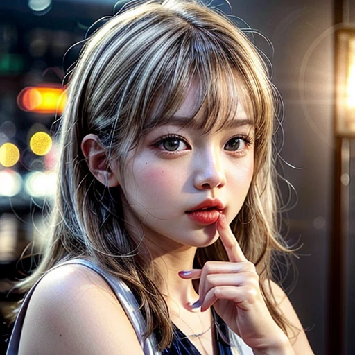 (highest quality,Super detailed,Physically Based Rendering:1.2), (RAW, Realistic, Photorealistic:1.37),Portraiture,Beautiful young woman with Delicate facial features,Soft lighting, ((Playfully licking finger with tongue, Gently placing a finger in the mouth)), (Close-up shot of sensual lips),Cheeks turn slightly red,A gentle and captivating gaze, cute BabyLike finger . Studio gray background, Light Particles, many blurred colorful Lights (dazzling bokeH) . BREAK . (((NOGIZAKA face variations))) Extremely Detailed very KAWAII face variations, elaborate detailed Eyes with (sparkling highlights:1.2), (Voluminous long eyelashes:0.9)、Glossy RED Lips with beautiful details, Coquettish tongue, Rosy cheeks, Radiant PearlSkin with clear transparency, (Natural:0.7) Detailed FlawlessSkin with glowing DowneyHair . { (Dynamic LifeLike expressions) | :d) }, (large eyes:-1) . mouth_hold