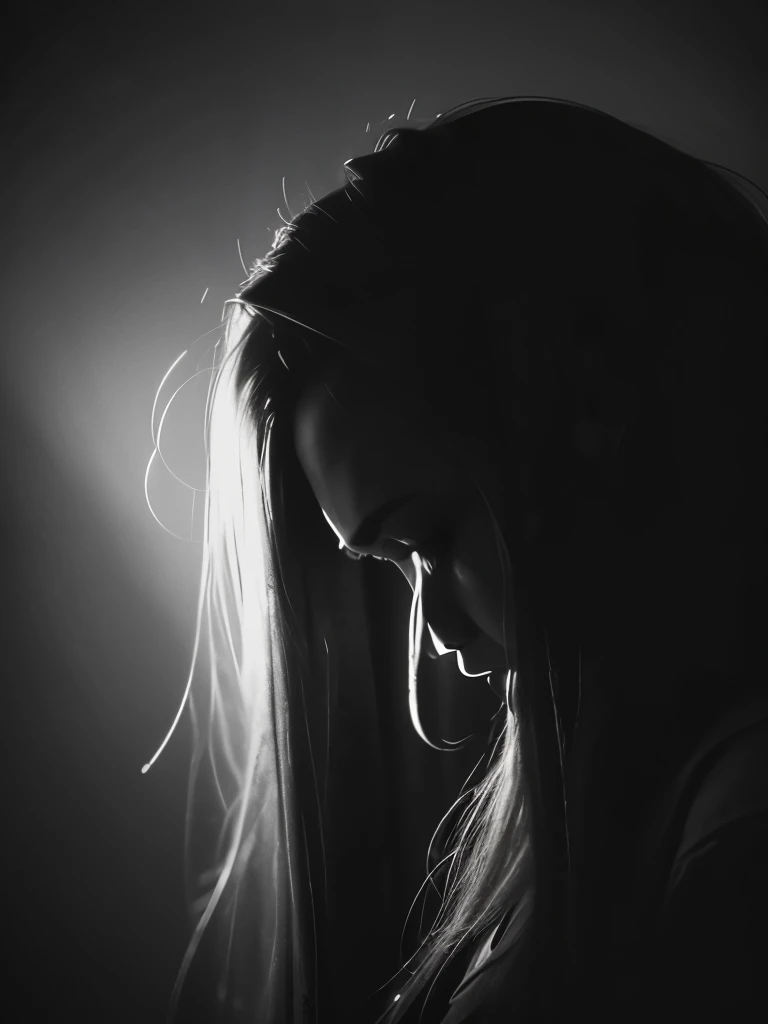 "Facing Inner Reflections", silhouette contrast, looming shadow, emotions manifested, Canon EOS R6, dramatic backlighting, evocative monochromatic style.