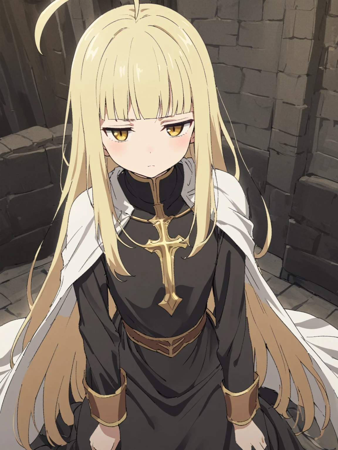 {{upper body, dutch angle}} {{Artist: sincos}} 1girl, jitome, light blond hair, very long hair, ahoge, blunt bangs, yellow eyes, expressionless , black robe, white cape, gold trim, priest, brown leather boots, long sleeves, black long skirt, small breasts, blunt ends, skinny, lips, pov, medieval fantasy.