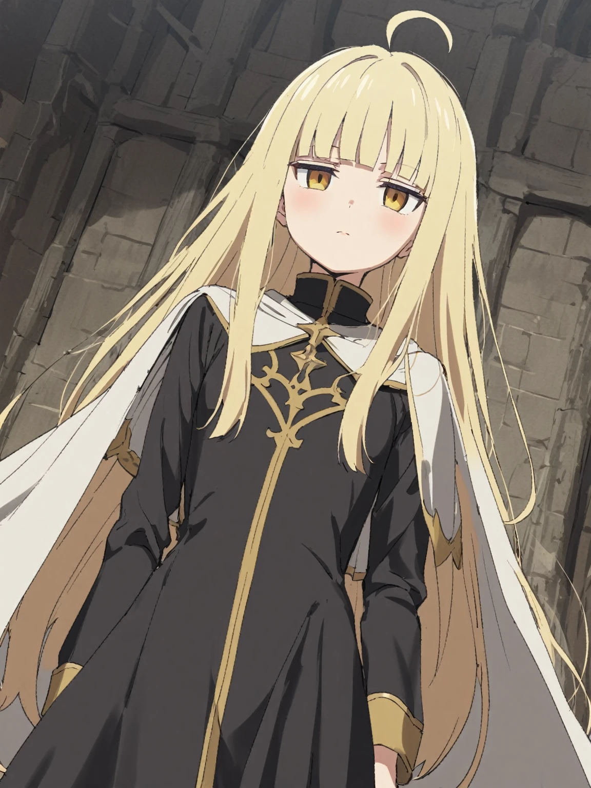 {{upper body, dutch angle}} {{Artist: sincos}} 1girl, jitome, light blond hair, very long hair, ahoge, blunt bangs, yellow eyes, expressionless , black robe, white cape, gold trim, priest, brown leather boots, long sleeves, black long skirt, small breasts, blunt ends, skinny, lips, pov, medieval fantasy.