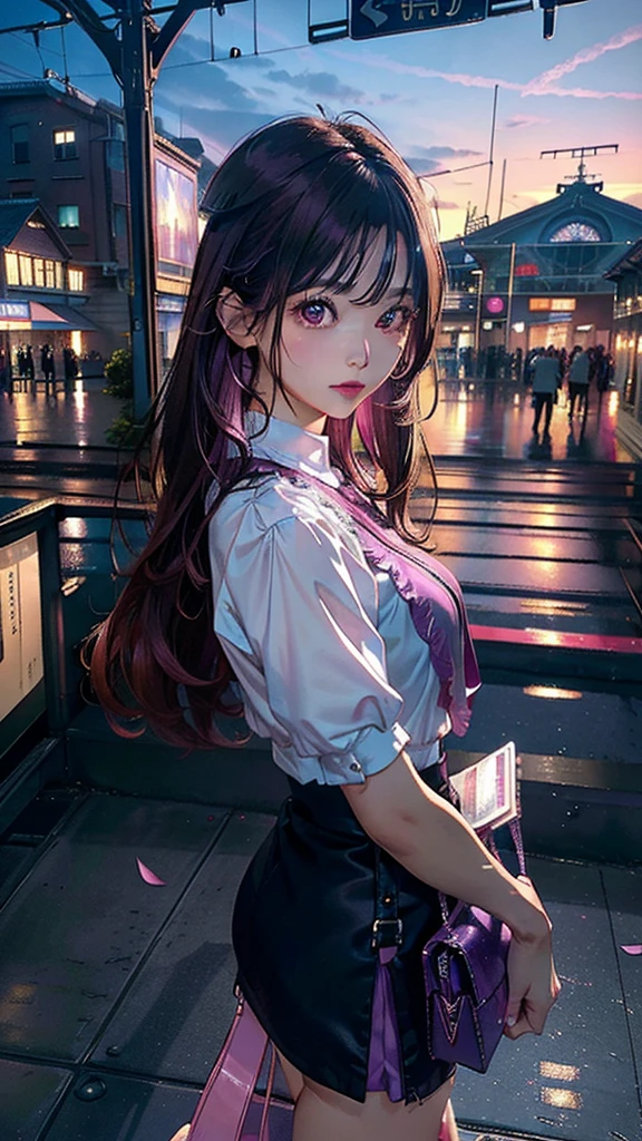 magenta tint、vibrant with colors、((tmasterpiece)))、(((quality)))、((ultra - detailed))、(Surreal)、(Very detailed CG illustration)、offcial art、CD cover、It will be、midsummer、The glorious 1980s、Cool beauty、cochetti gorgeous、incomparable beauty、Hair color、jaqueta de couro、Superskirt、Women only、Look at the audience,perfect angle、Perfectcomposition、(twilight,Train station,trainleeing),