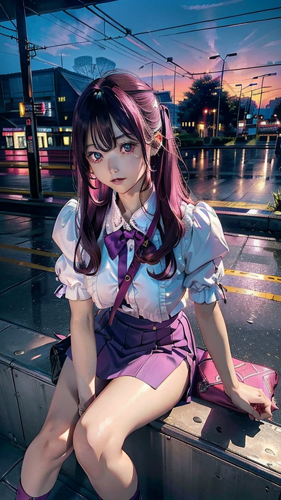 magenta tint、vibrant with colors、((tmasterpiece)))、(((quality)))、((ultra - detailed))、(Surreal)、(Very detailed CG illustration）、offcial art、CD cover、It will be、midsummer、The glorious 1980s、Cool beauty、cochetti gorgeous、incomparable beauty、Hair color、jaqueta de couro、Superskirt、Women only、Look at the audience，perfect angle、Perfectcomposition、(twilight，Train station，trainleeing)，