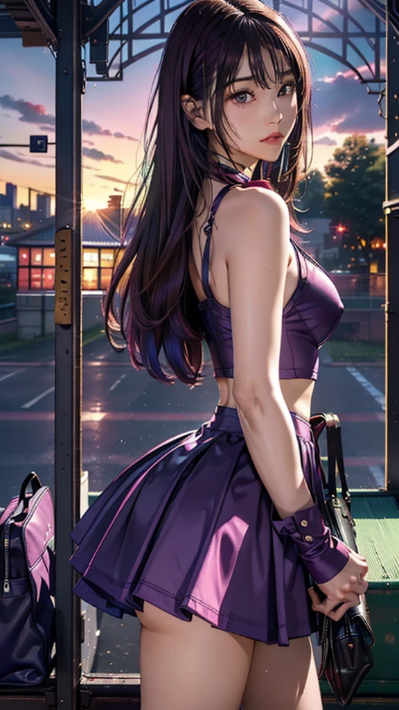 magenta tint、vibrant with colors、((tmasterpiece)))、(((quality)))、((ultra - detailed))、(Surreal)、(Very detailed CG illustration)、offcial art、CD cover、It will be、midsummer、The glorious 1980s、Cool beauty、cochetti gorgeous、incomparable beauty、Hair color、jaqueta de couro、Superskirt、Women only、Look at the audience,perfect angle、Perfectcomposition、(twilight,Train station,trainleeing),