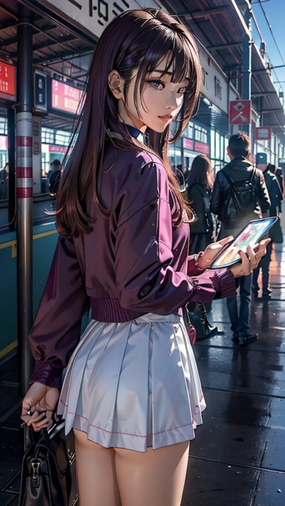 magenta tint、vibrant with colors、((tmasterpiece)))、(((quality)))、((ultra - detailed))、(Surreal)、(Very detailed CG illustration）、offcial art、CD cover、It will be、midsummer、The glorious 1980s、Cool beauty、cochetti gorgeous、incomparable beauty、Hair color、jaqueta de couro、Superskirt、Women only、Look at the audience，perfect angle、Perfectcomposition、(twilight，Train station，trainleeing)，