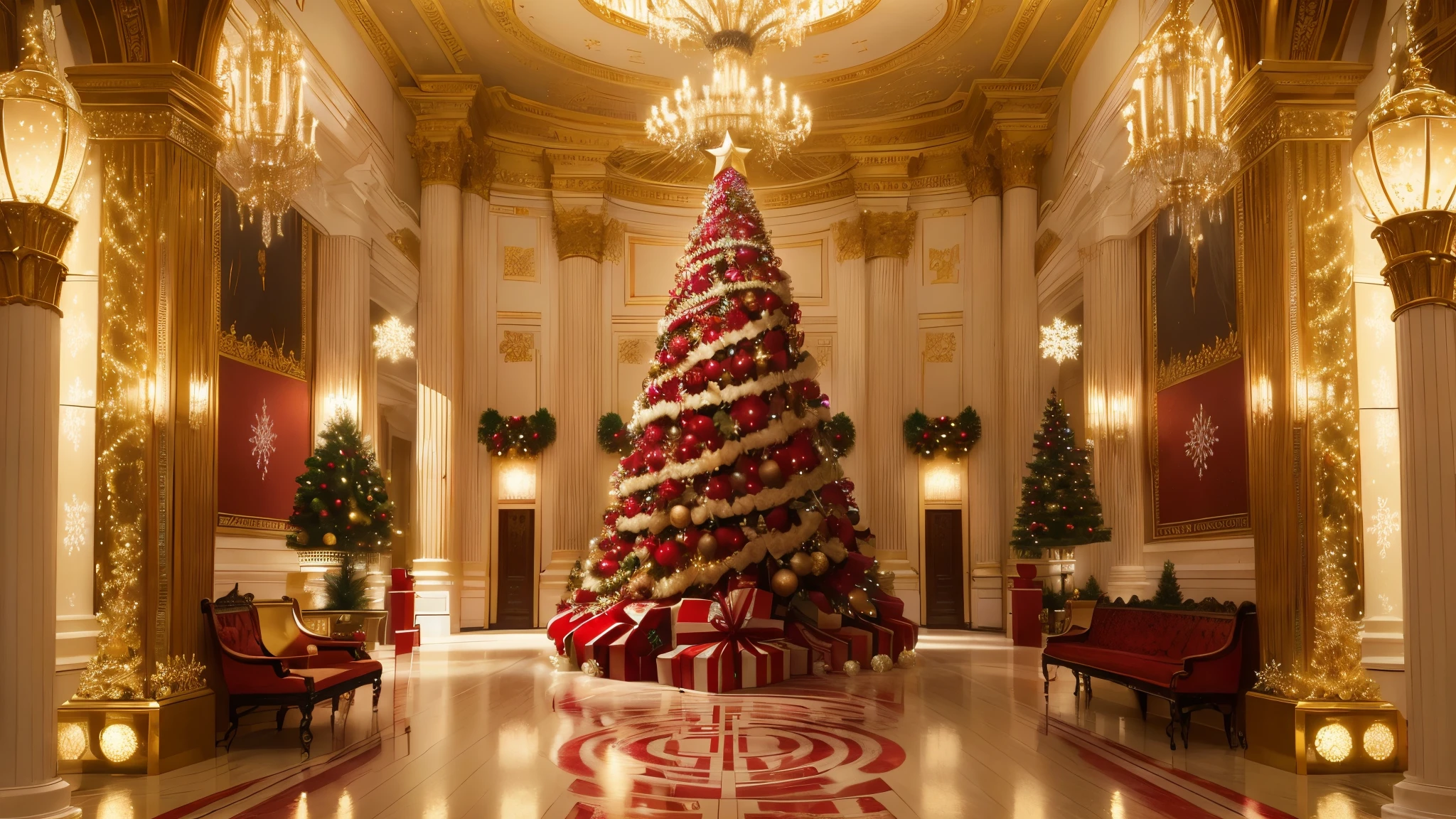 arafed christmas tree in a lobby with red and white decorations, a lot of presents under the tree, presents, gifts, holiday season, lavishly decorated, holiday, inside a grand ornate room, elegant and ornate, grand, beautiful high resolution, decadent, il, exquisitely ornate, christmas tree, an elegant, ornate and detailed, w, festive, wonderful masterpiece, f / 1, image, merry