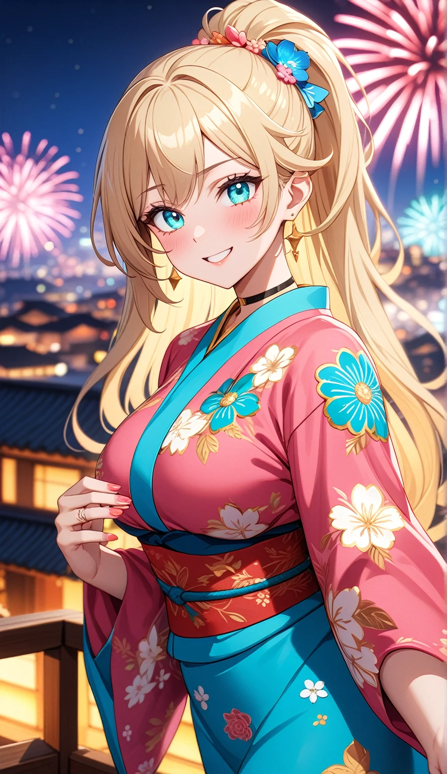 ((one personの女性)), Beautiful Face,Laughing embarrassedly,((Wink:2.0)),laugh with a big mouth,turn bright red,Glossy pink lips,night,rooftop,Festive decorations,You can see the ocean, firework,((Anime style background)),masterpiece, highest quality, so beautiful, Latest, Complex details, (Pink long nails),(ring),(flower bracelet),choker,AI-generated, Complex,High resolution, highest quality, super high quality,3D Images、View your viewers、3D Images,one person,Long Blonde Hair,High Ponytail,blue eyes,Anime woman posing for a photo, (Fine grain,Turquoise colorful eyes,Shining Eyes:1.4),(Squint your eyes:1.1),a hyperRealistic , hyperRealistic , Realistic,Blonde anime woman with long hair, Smooth anime CG art, A woman in a colorful kimono with gold embroidery, (Pink kimono),Red floral pattern,Long flower hair ornament,Big earrings,(ring),(:1.1),Mature BodyBig Ass,Fine details,ht waist,Abdominal muscles,(Face close up:1.4,),Facing forward