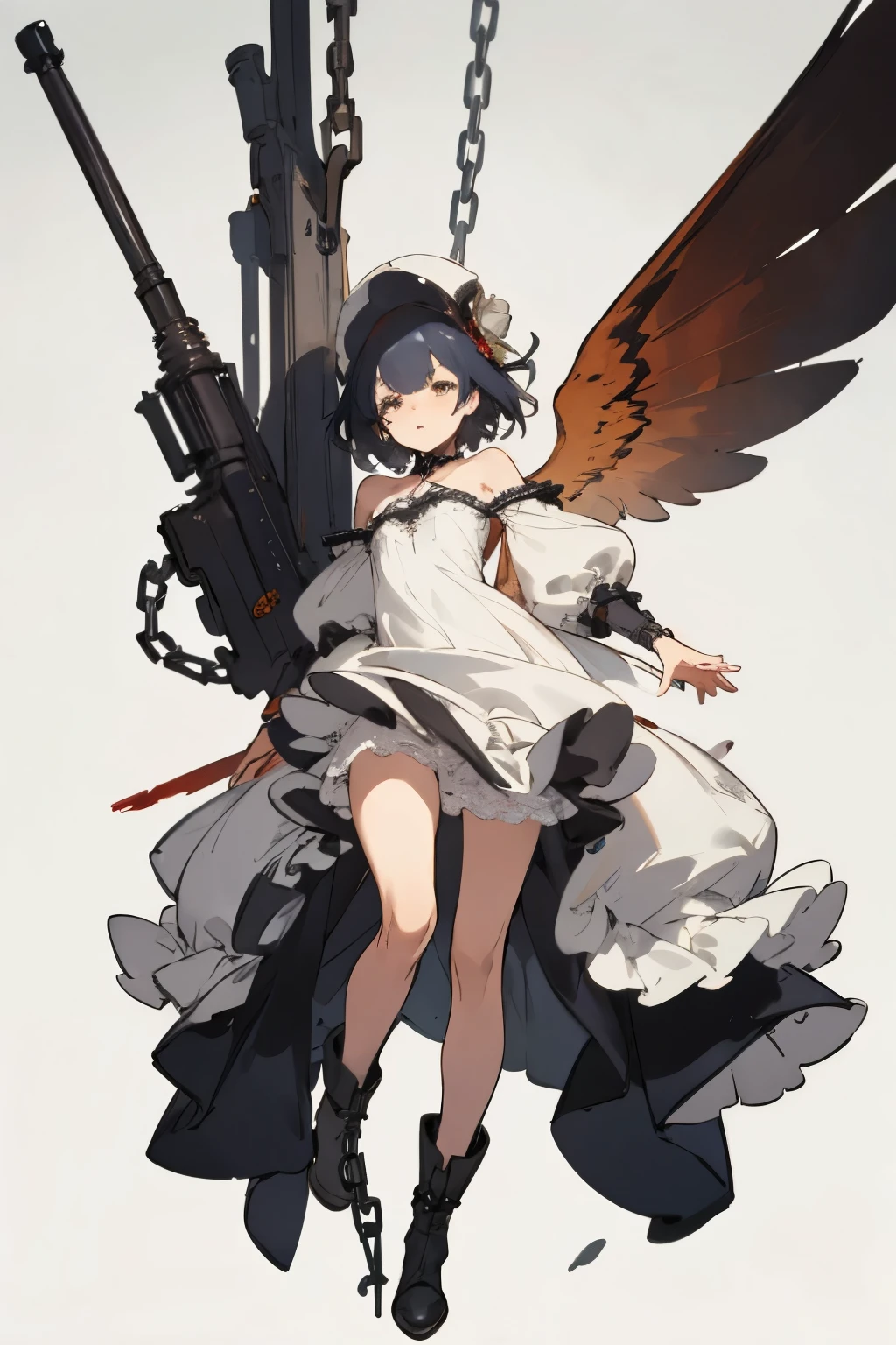 ((best quality)), ((masterpiece)), (detailed), 1girl, off-shoulder, blank white background, plain background, white background, red and white clothing, Bloodborne inspired, occult aesthetic, occult, detailed and intricate steampunk and detailed gothic, NSFW, Very dramatic and cinematic lighting, cosmic horror, grim-dark, side-lighting, perfect face, NSFW, Fluttering lace flared long knee length dress with frilly petticoats, knee length dress, pleated petticoats, lolita dress, petticoats gothic lolita, complex lace boots, side-lighting, gothic lolita aesthetic, wielding a mighty sword with mechanical components, carbine, NSFW, beautiful small breasts, small breasts, full body, whole body, body, plain background, white background, blank background, no background, white background NSFW, chains, full body, whole body, head-to-toe NSFW
