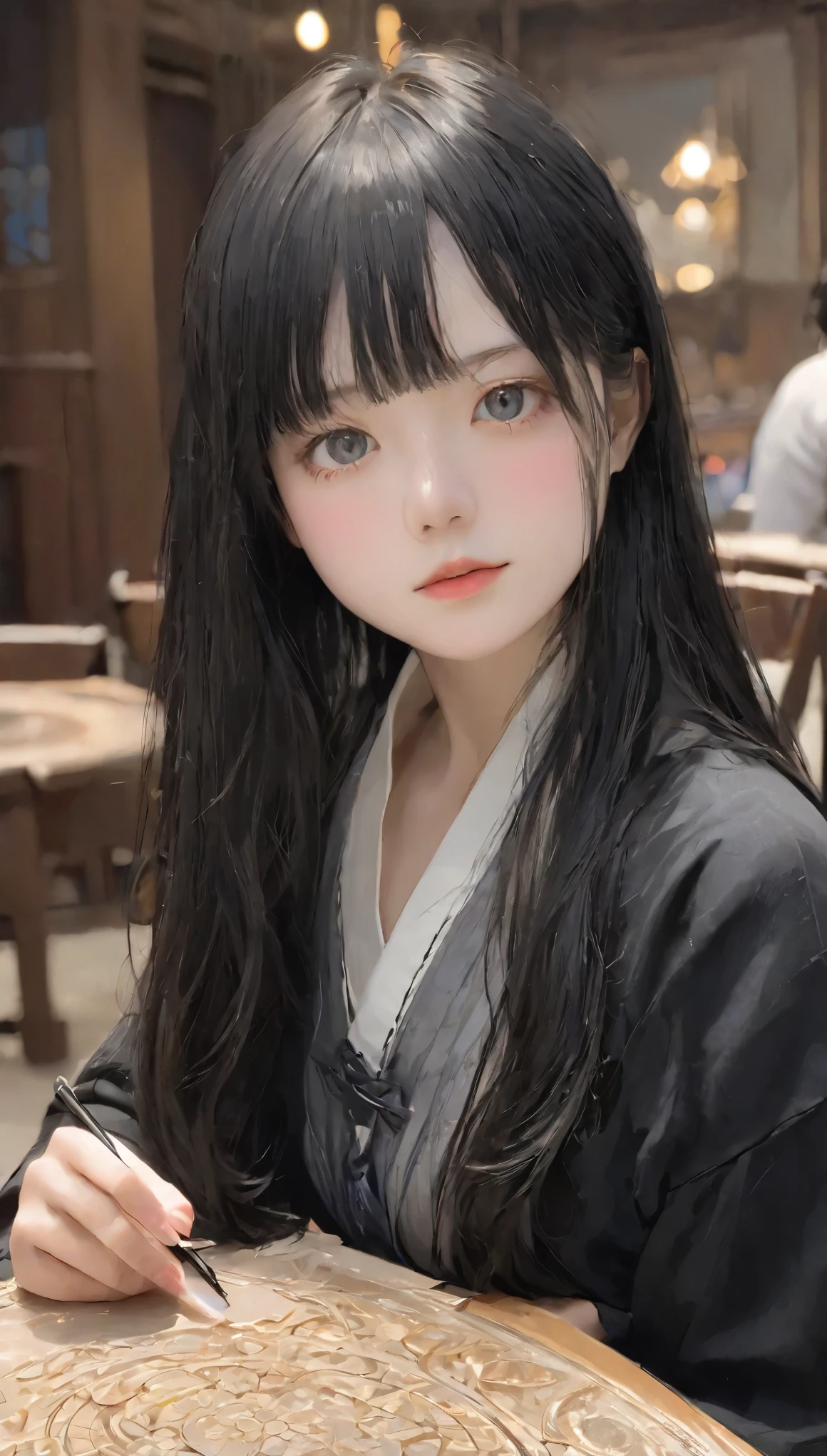 Tabletop, highest quality, Very delicate and beautiful girl,Very delicate and beautiful, Silky black hair、灰色のpupil、Very detailed_face_pupil, Very detailed, highest quality, High resolution, Very detailed,1 girl, highest quality, shape, Looking at the audience, Genuineistic, Realist ,Genuine,