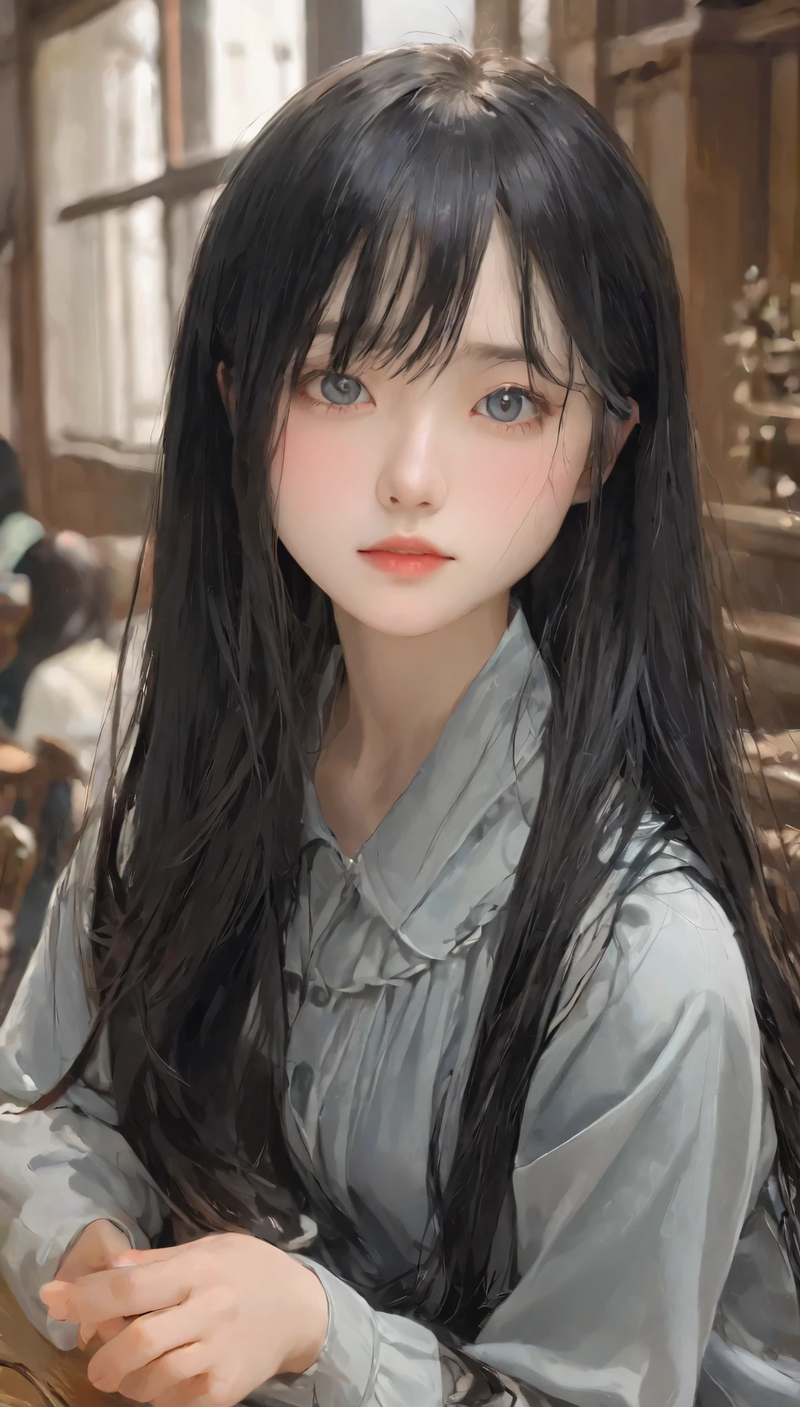 Tabletop, highest quality, Very delicate and beautiful girl,Very delicate and beautiful, Silky black hair、灰色のpupil、Very detailed_face_pupil, Very detailed, highest quality, High resolution, Very detailed,1 girl, highest quality, shape, Looking at the audience, Genuineistic, Realist ,Genuine,