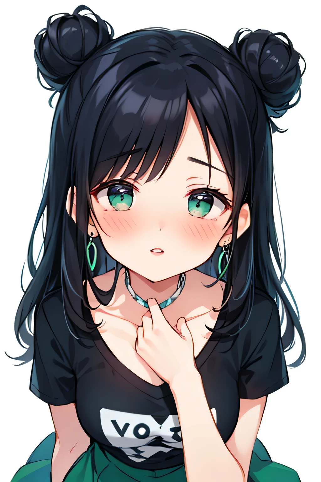 Amazing portrait of a sexy and woman with a beautiful face with seductive eyes gazing intensely at me with her soft lips parted in anticipation of a kiss which is making her blush intensely her lips are also curved in a soft smile she has her luscious black hair in a cute bun wearing a black and white striped t shirt and a dark green skirt paired with some elegant earrings her t shirt showing her medium chest and perfect body off