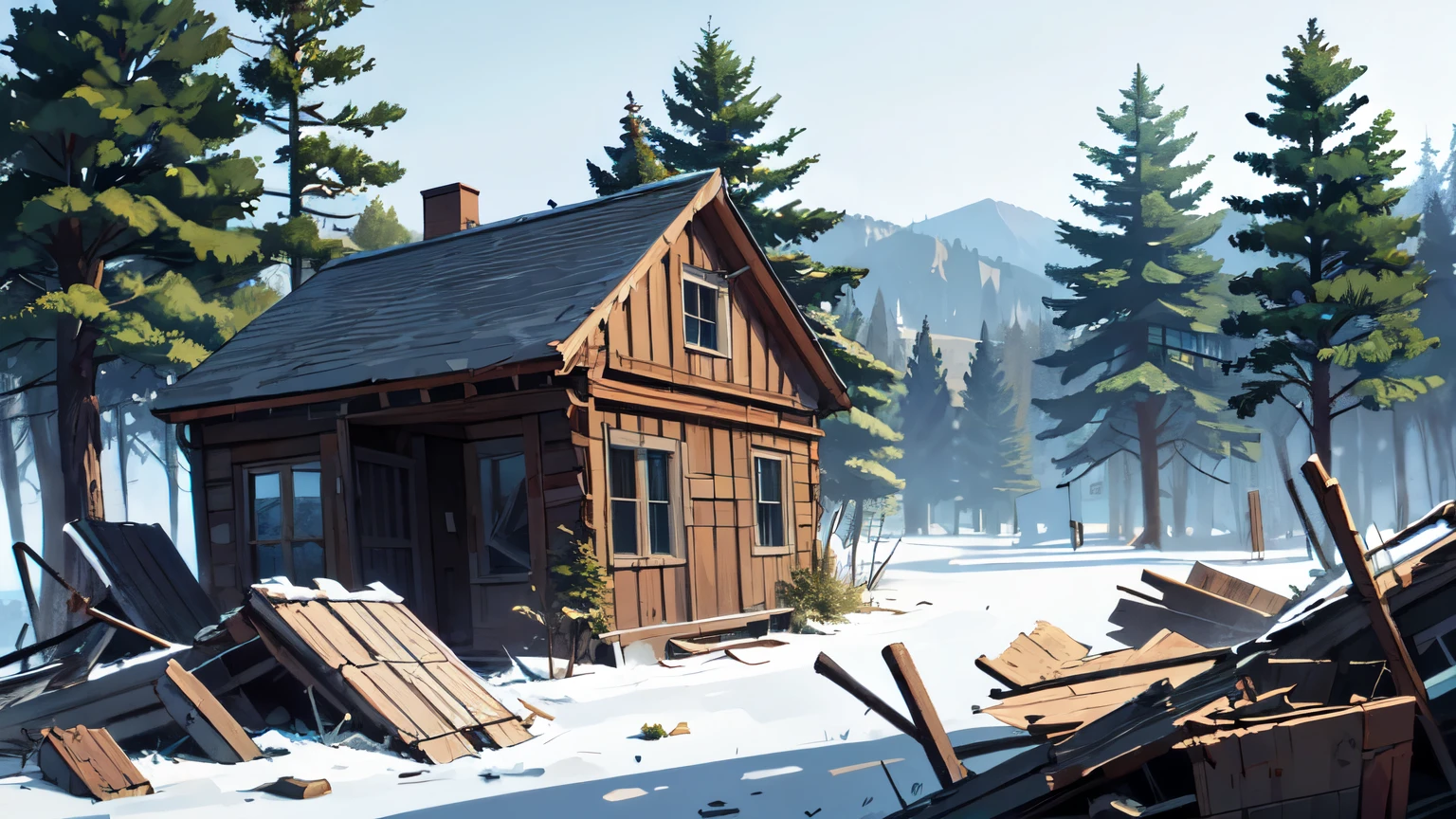 winter forest, ruins of a house, destroyed house, broken house