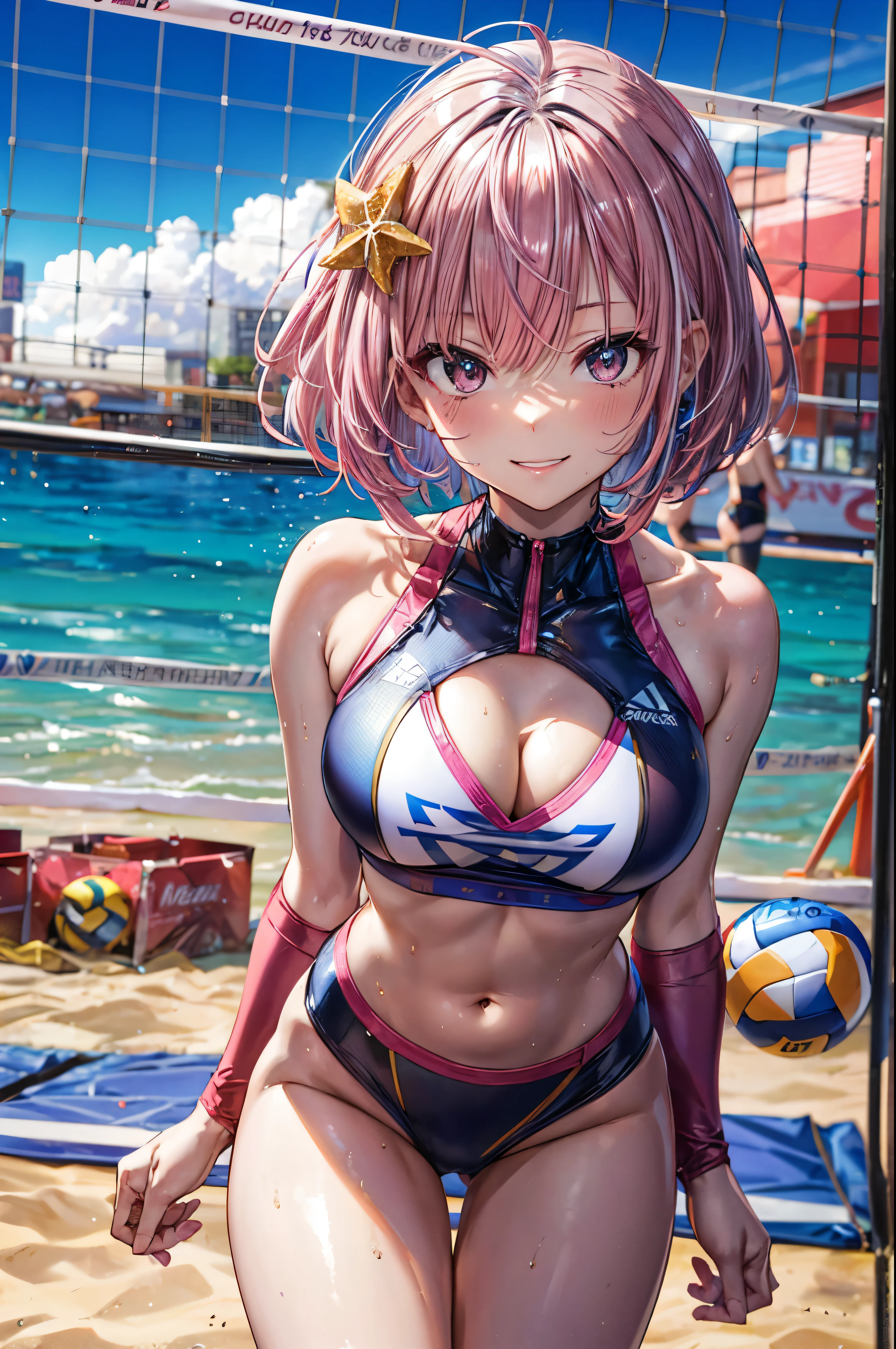 ((Chrome beachvolleyball uniform)), break, skinny, 4 defined fingers, 1 defined thumb, looking at viewer, solo, 1 woman, 25 years old, AI generated, highest quality, masterpiece, skindentation, perfect face, 8k , cowboy shot, (short hair), (pink hair:1.5), bob cut, black eye, smile, thin thighs, medium breasts, perfect limbs, sexy, (visible nipples:0.7), (camel toe:0.3), (arms at sides), (bright seaside), standing, ((metallic costume)), facing straight at viewer, (Navel),