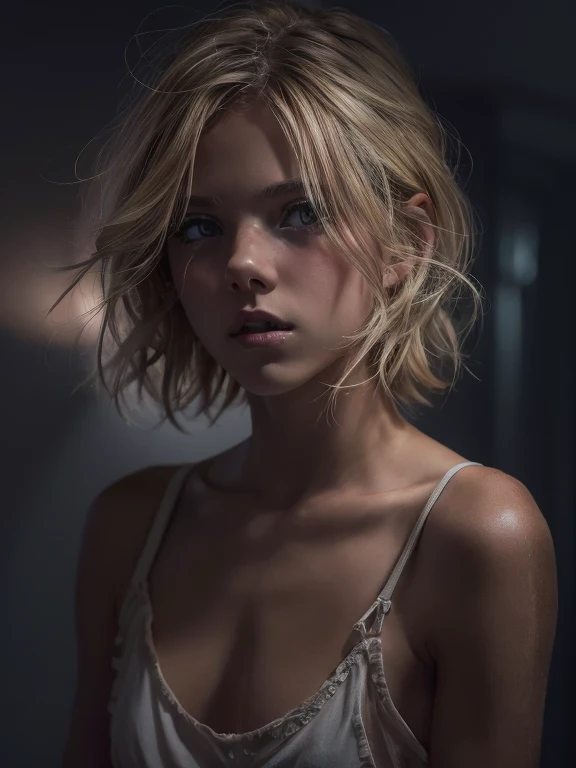 ****ung girl, blonde hair, very small breasts, flat chested, runners skinny body, 18yo (best quality:1) , (masterpiece:1), (ultra detailed:1), photorealism, upper body, (looking at viewer:1.1), (indoors, night, darkness, dark room:1.2) side on, short hair, atmospheric lighting, moody and gritty, low key lighting