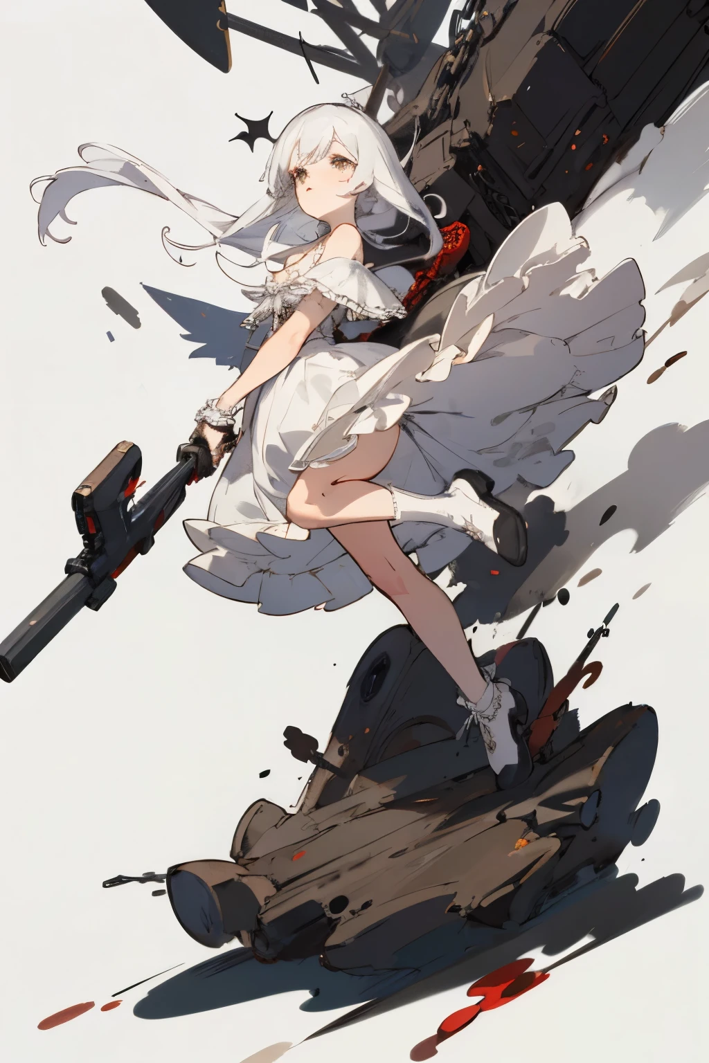 ((best quality)), ((masterpiece)), (detailed), 1girl, off-shoulder, blank white background, plain background, white background, red and white clothing, Bloodborne inspired, occult aesthetic, occult, detailed and intricate steampunk and detailed gothic, NSFW, Very dramatic and cinematic lighting, cosmic horror, grim-dark, side-lighting, perfect face, NSFW, Fluttering lace flared long knee length dress with frilly petticoats, knee length dress, pleated petticoats, lolita dress, petticoats gothic lolita, complex lace boots, side-lighting, gothic lolita aesthetic, wielding a mighty sword with mechanical components, carbine, NSFW, beautiful small breasts, small breasts, full body, whole body, body, plain background, white background, blank background, no background, white background NSFW, chains, full body, whole body, head-to-toe NSFW