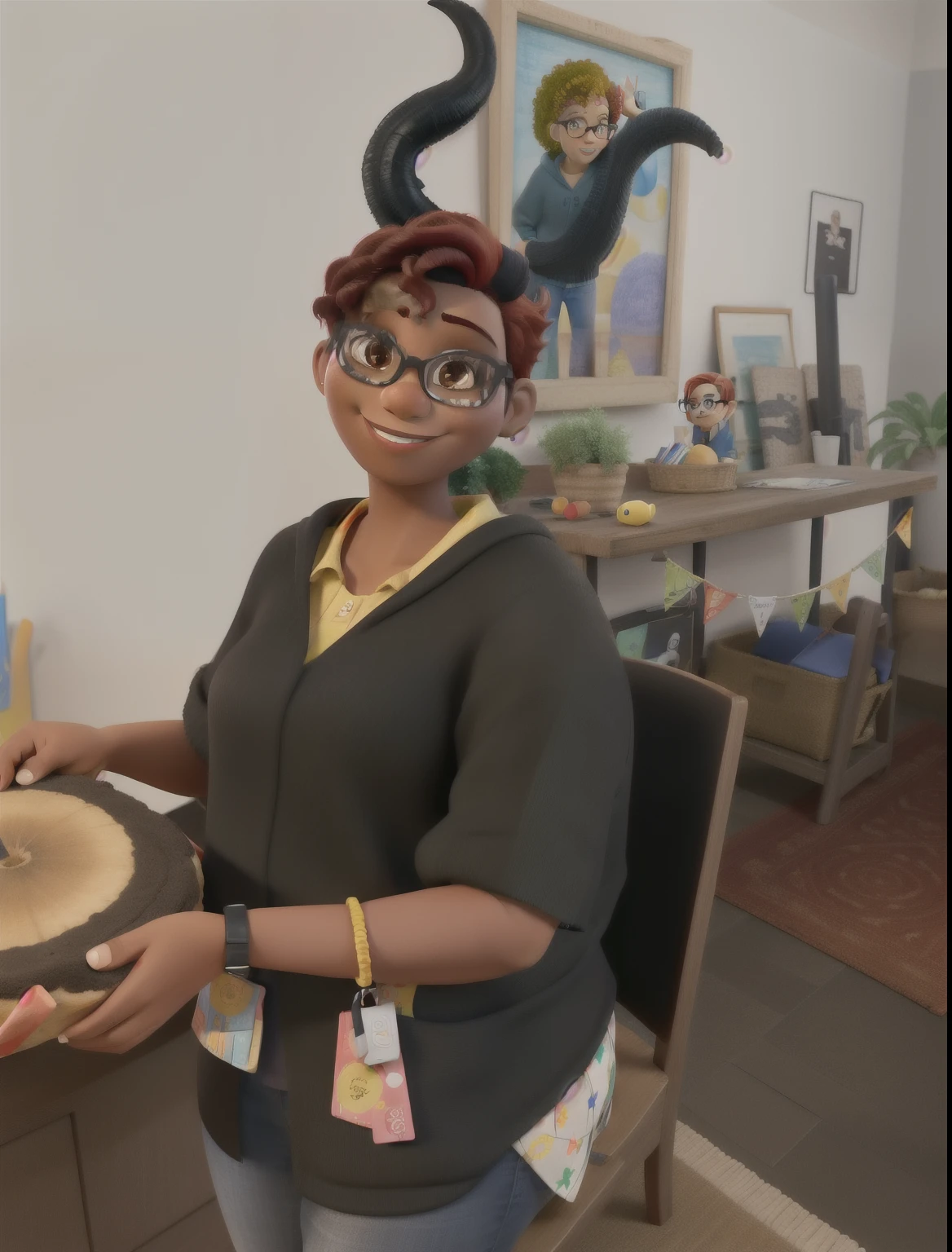 Obra de arte, melhor qualidade, no estilo pixar, happy black woman with red short hair and glasses