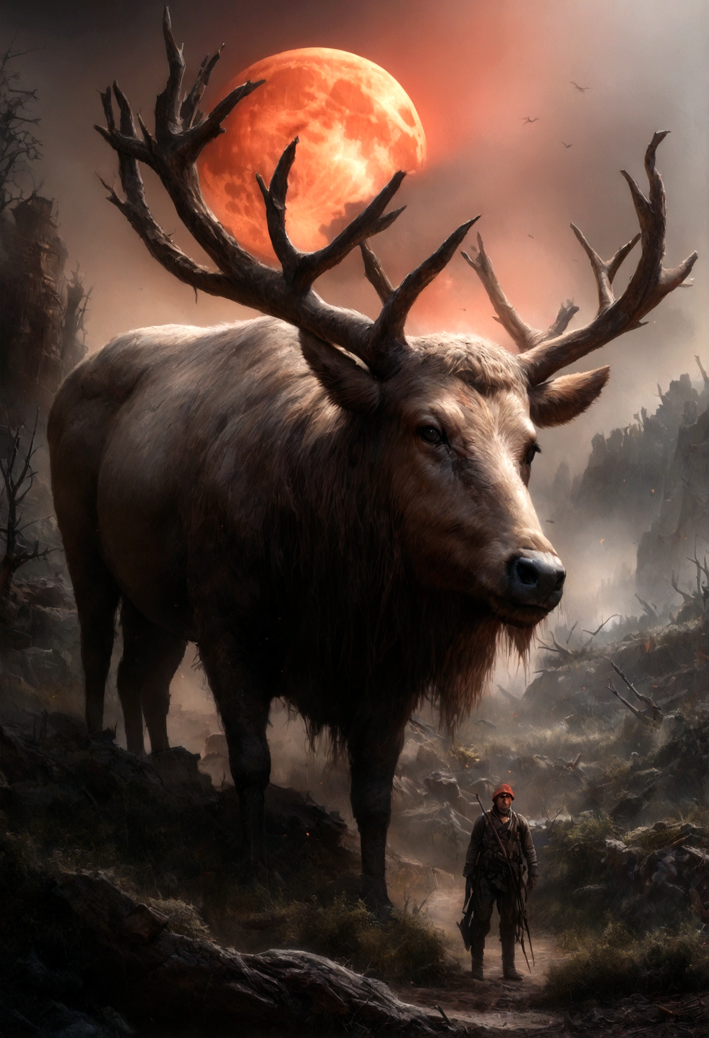 (Best quality,4K,8K,A high resolution,Masterpiece:1.2), Ultra-detailed, (Realistic,Photorealistic,photo-realistic:1.37),a Hunter hunting a large Elk with a huge antler, dark forest,The apocalyptic wasteland, fierce battle scenes, Blood-red moon, A raging hell, Chaotic destruction, Post-apocalyptic survivors, Smoke and ash, Torn sky, Dark atmosphere, eerie silence, Decaying landscape, Desolation, despair, Dramatic lighting, epic scale, Intense emotions Biomechanical, eerie, Creepy, nightmarish, Very bright colors, Light particles, with light glowing, Mshiff, wallpaper art, UHD wallpaper