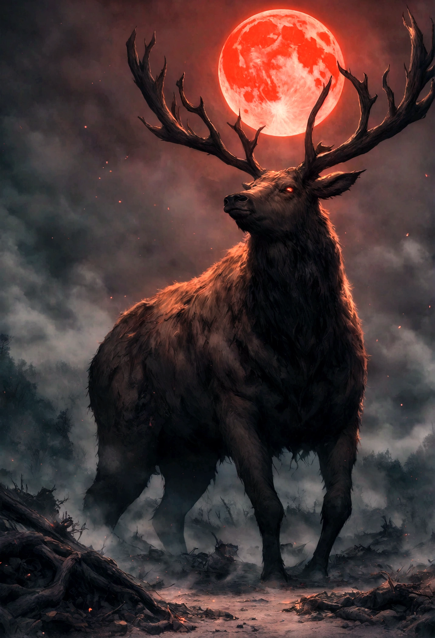A large Elk with a huge antler, dark forest,The apocalyptic wasteland, fierce battle scenes, Blood-red moon, A raging hell, Chaotic destruction, Post-apocalyptic survivors, Smoke and ash, Torn sky, Dark atmosphere, eerie silence, Decaying landscape, Desolation, despair, Dramatic lighting, epic scale, Intense emotions Biomechanical, eerie, Creepy, nightmarish, Very bright colors, Light particles, with light glowing, Mshiff, wallpaper art, UHD wallpaper